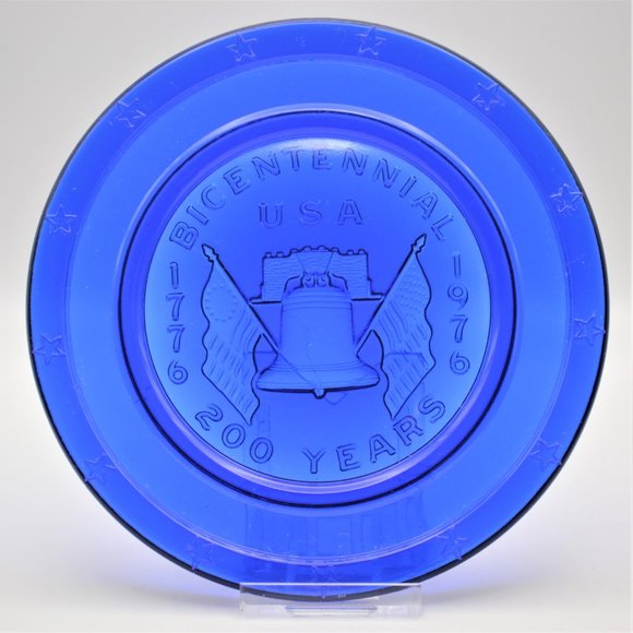 Bicentennial Cobalt Blue Small Glass Saucer Plate Decor w/ Liberty Bell & Flags - Picture 2 of 6